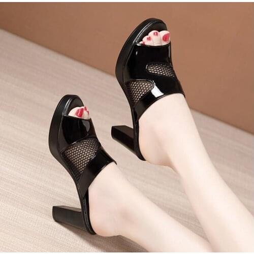 2021 Fashion Womens Shoes Summer Patent Leather Mesh Slippers Female Sandals Ladies High Heel Sandals Sexy womens shoes