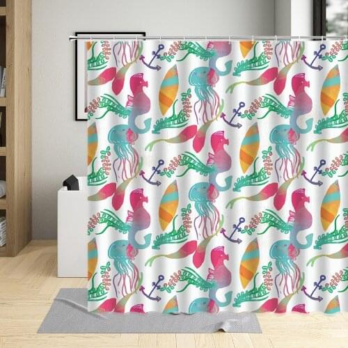 Watercolors Undersea Animals Hippocampus Jellyfish Fish Conch Pattern kids For Home Decor Screens Shower Curtain With Hooks Set
