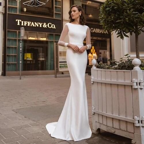 Elegant Illusion Long Sleeve Scoop Neck Satin Wedding Dresses Open Back White Bridal Dresses With Belt vestidos de noiva