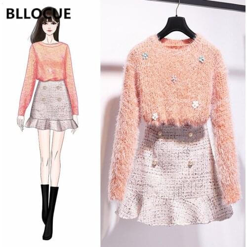 BLLOCUE Autumn Winter New Fashion Two Piece Set Mohair Flower knit Pullover Sweater + Plaid Tweed Mermaid Skirt Set