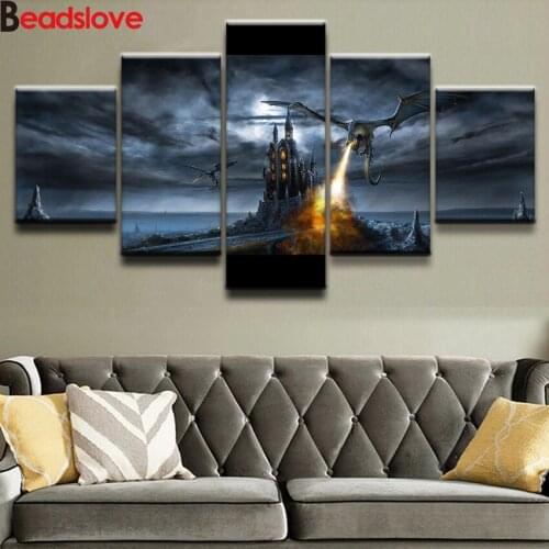 Battle Castle Dragon Fire diamond painting full square 5 panel diamond embroidery sale Cross Stitch diamant mosaic resin round