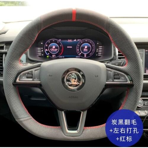 For Skoda Octavia Rapid Spaceba Rapid SUPERB KamIq Kodiaq Kodiaq DIY custom black suede leather interior steering wheel cover