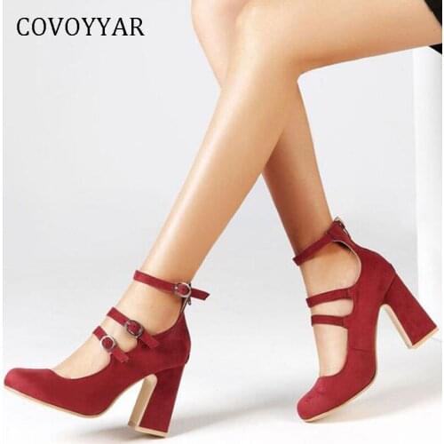 COVOYYAR 2019 New Thick High Heels Fashion Buckles Women Pumps Back Zip Flock Rould Toe Red/Black Shoes Woman WHH145