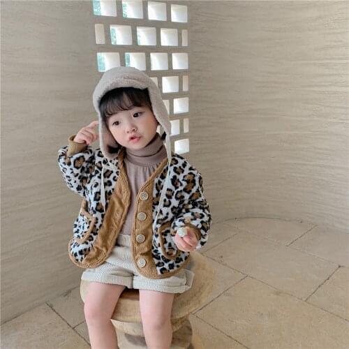 ChildrenS Jacket Parent-Child Wear Kids Clothing Pockets Button Winter Baby Leopard Wool Sweater Plus Velvet Cotton Cardigan