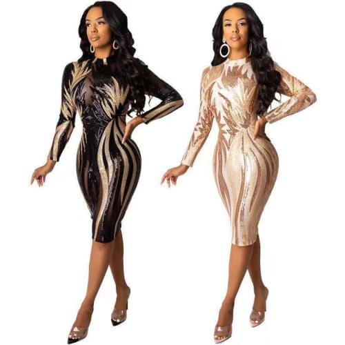 Women Long Sleeve Sequined Bodycon Dress Sexy Club Shining Sparkly Night Out Spring Fall Party Vestido BC284