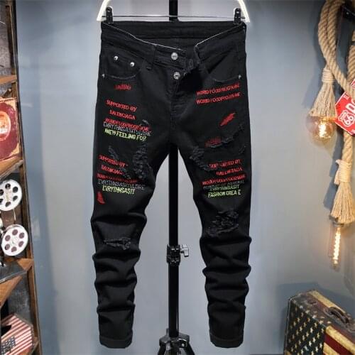 Jean Homme Men Jeans Pants Denim Trousers Biker High Quality Male Casual Designer Ripped Comfortable Advanced Printing Black