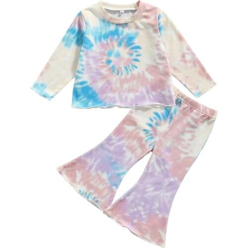 2-6Years Children Tie-dye Clothes Set Girls Long Sleeve O-neck T-shirt + Elastic Waist Flared Trousers