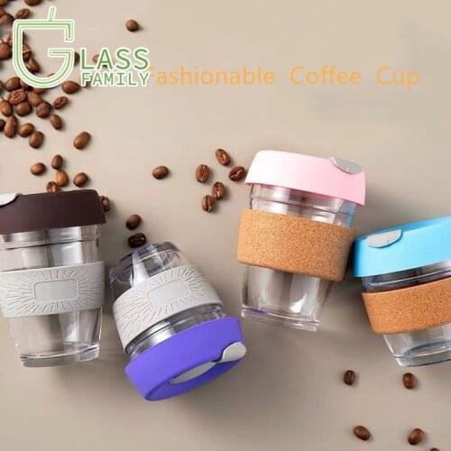 GF 350ml Reusable Glass Coffee Cup with Silicone Lid and Cork Sleeve Protable Travel Mugs for Tea Coffee Mugs Drinking Glasses