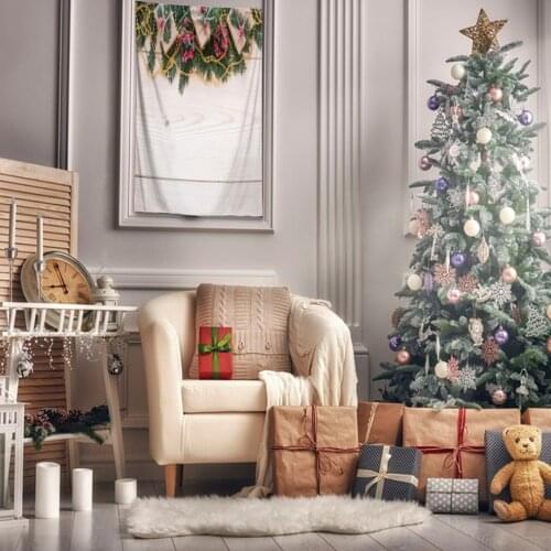 Tapestry Present Boxes on Ornamented Fir Tree Branches and Golden Beads Wooden Table Photo Printed Beige Green
