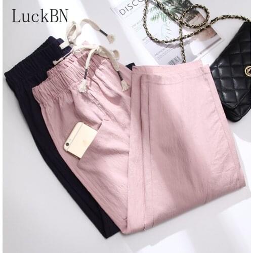 Cotton Linen Cropped Trousers Pants Summer 2021 New High Waist Thin Section Fashion Womens Bandwidth Loose Casual Pants Pink