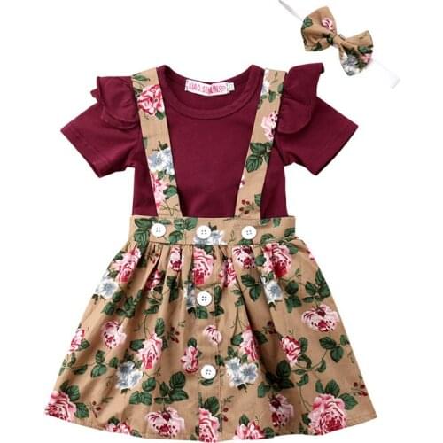 3Pcs Newborn Baby Girl Clothes Set Infant Short Sleeve Romper Top+Floral Strap Dress+Headband Summer Cute Outfits Set