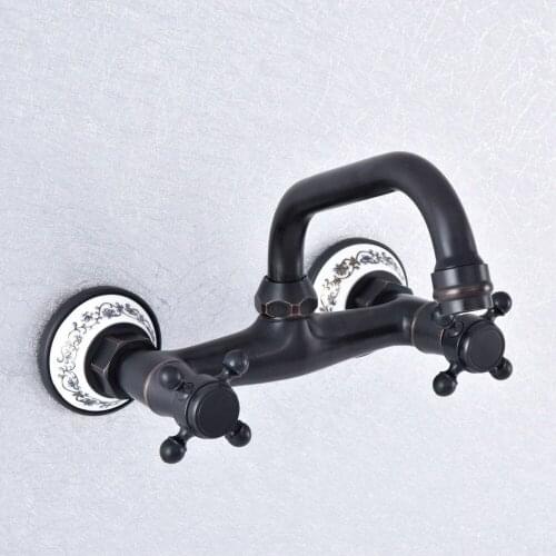 Kitchen Wet Bar Bathroom Vessel Sink Faucet Black Oil Rubbed Brass Wall Mounted Swivel Spout Mixer Tap Dual Cross Handles msf728