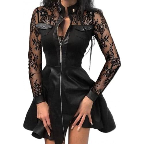Ele-choices Fashion Women Lace Long Sleeve Zipper Pocket Large Hem Faux Leather Mini Dress for Daily Wear Party