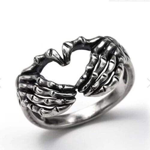 Mens Fashion Personality Skull Hand Bones Than Heart Unique Punk Metal Ring Jewelry Gift Dropship