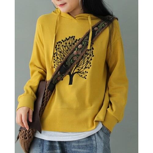 New Style Hoodies Tree Embroidery Pattern Women Sweatshirts Spring Long-sleeved Casual All-Match Coat Loose polerones mujer 2021