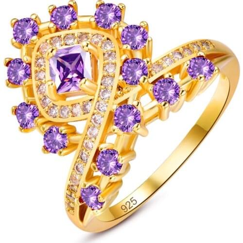 Lingmei Cocktail Gorgeous Unique Style Fashion Yellow GoldWedding Rings Purple Red Zircon Silver Color Ring Size 6 7 8 9