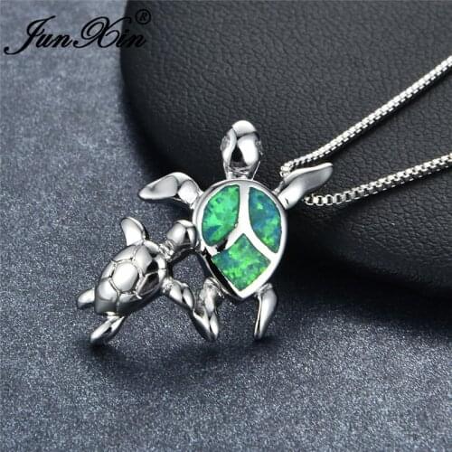 JUNXIN Mom & Baby Turtle Pendant Rainbow Fire Opal Necklaces For Women Silver Color White Purple Green Opal Choker