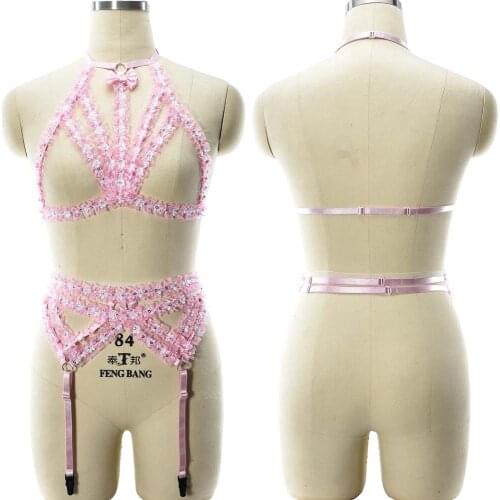 Lace Pink Body Harness Set Kawaii Bow Cage Bra Bondage Stockings Leg Garter Belt Hollow Sexy Lingerie Women Edgy Suspender Belt