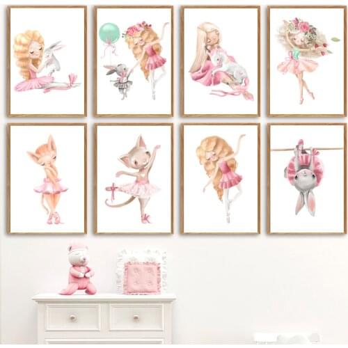 Nursery Pink Cartoon Canvas Posters Ballet Girl Bunny Unicorns Canvas Painting Wall Art Pictures Children Girls Room Decoration