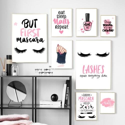 Self-adhesive Wall Stickers Pink Nail Polish Eyelashes Fashion Wall Art Canvas Painting Wall Pictures For Girl Salon Room Decor
