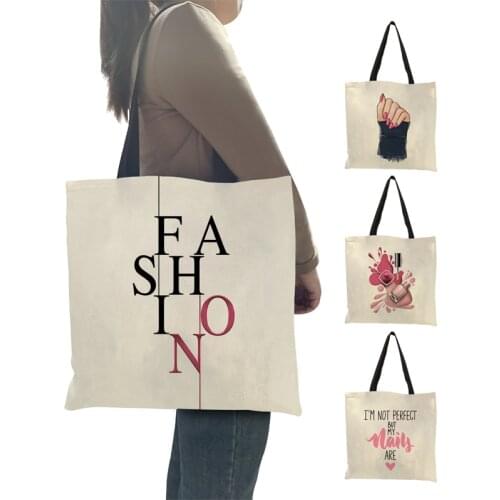 Fashion Nail Art Design Women Ladies Handbag Tote Letter Printed Shoulder Bag Large Reusable Shopper Bags for Supermarket Shop