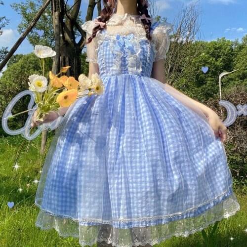 Japanese Lolita Daily Kawaii Lace Lolita With Plaid Gothic Jsk Dress Womens Summer Vintage fairy Sweet Lolita Dress