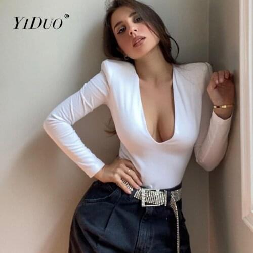 YiDuo Solid Black V-Neck Sexy Skinny Bodysuit Women 2021 New Spring Long Sleeve Bodycon Casual Jumpsuit Streetwear White Pink