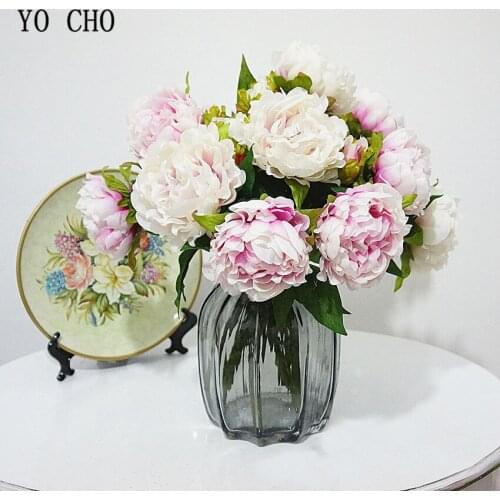 YO CHO 2 Heads Peony Artificial Flowers Fake Flowers Silk DIY Home Decor Faux Flowers Wedding Decoration Table Decoration Flores