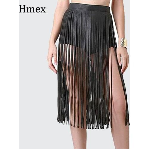 Boho Women Sexy Tassel Leather Skirts Punk Gothic Waistband Long Fringe Black High Waist Belt Club Party Skirt