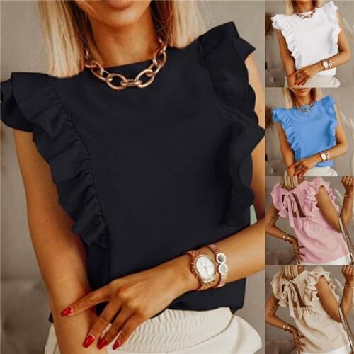 Ladies Summer Ruffled Short-sleeved Shirt 2021 New Fashion Sexy Comfortable Solid Color Clothing