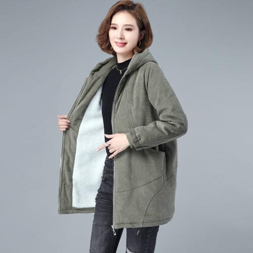 Women Corduroy Jackets Autumn Winter Plus Size Solid Color Loose Outerwear Female Casual Middle-aged Mother Hooded Overcoat X254