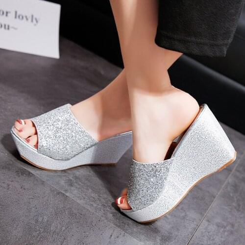 Female Summer Ladies Leather Med With Rhinestones Wedge Heel Brief Slippers Modis Cotton Fabric Clogs Platform Rubber New 2019