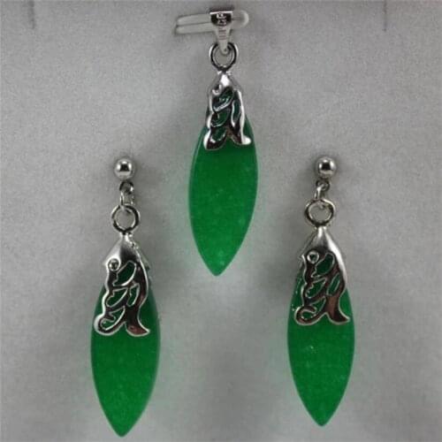 Womens simple fashion metal silver plated green Malay jade Long Water Drop Earrings + Pendant Set