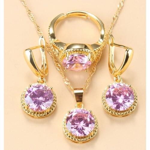 African Gold-Color Pink Stone Jewelry Sets For Women Cubic Zirconia Earrings And Necklace Pendant Ring 3-Piece Suit