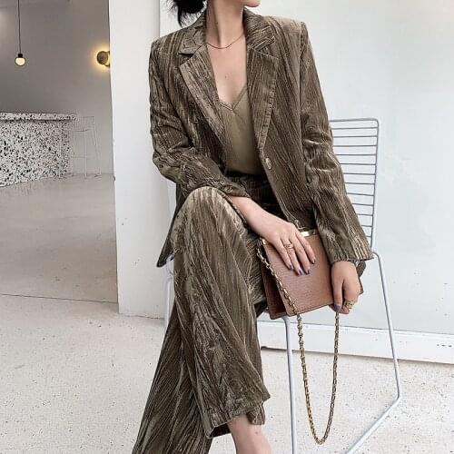 2021 Vintage Work Pant Suits OL 2 Piece Set for Women Business Interview Velvet Suit Set Uniform Blazer and Straight Pant