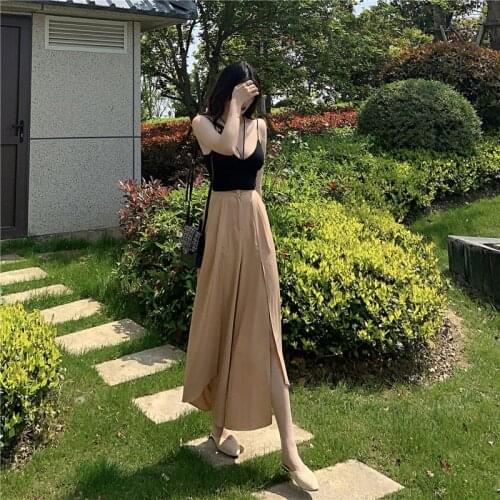 2021 summer new product port simple small sling high waist irregular + loose wide leg pants single selling womens suit