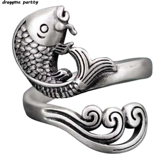 Retro Like A Fish In Water Koi Ring For Women Open Adjustable Ring Animal Jewelry Christmas Gifts Ladies Boho Jewelry