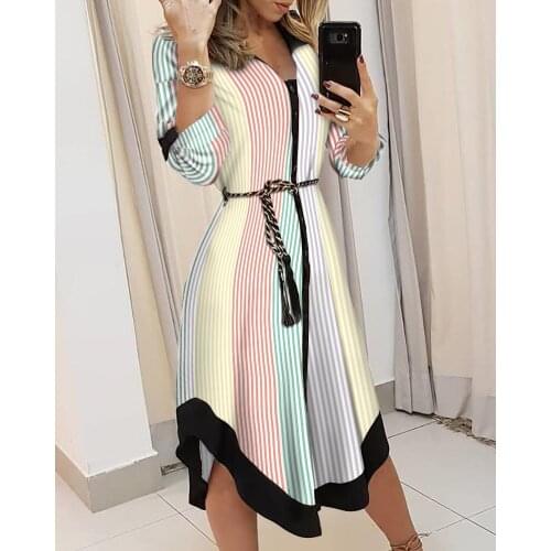 Women Shirt Dress Fashion Striped Print Shirt Lady Long Sleeve Blouse Turn Down Collar Ruched Button Front Casual Tops