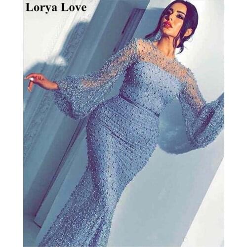 Blue Long Sleeves Mermaid Evening Dresses 2020 Women Formal Party Night Robe De Soiree Elegant Vestidos Long Prom Maxi Dress
