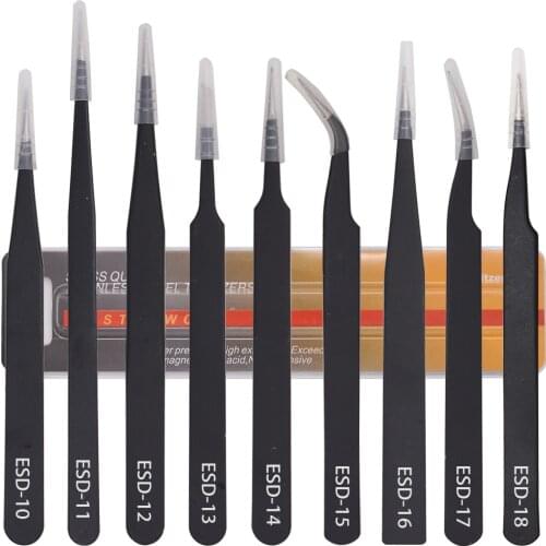 Yellow Package Black Tweezers HRC40 Antistatic Stainless Steel Nipper ESD-10 11 12 13 14 15 16 17 18 for Repairing 120pcs