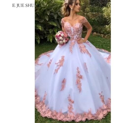 E JUE SHUNG White And pink Lace Appliques Luxury Ball Gown Wedding Dresses Off the Shoulder Bride Dresses Wedding Gowns