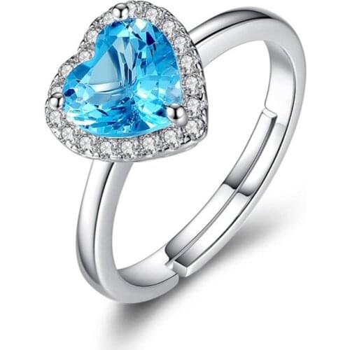 Romantic Style Silver Plated Love Heart Blue Crystal Resizable Finger Ring for Valentines Day Gift Jewelry