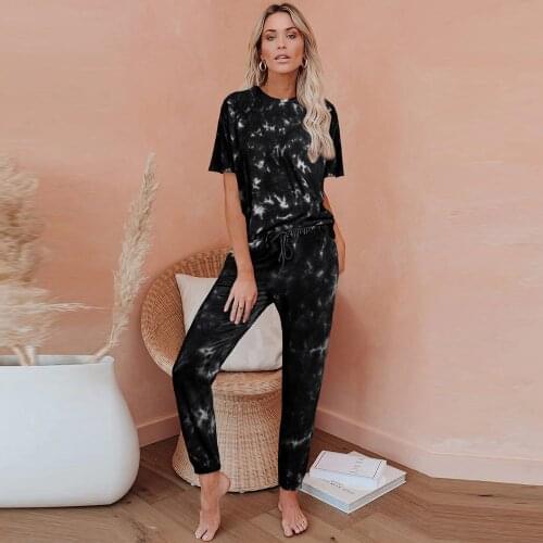 Feelycc Summer Tie Dye Pajamas set Short Sleeve Two Piece Pajamas For Women Nightshirt Casual Sleepwear trousers summer suit