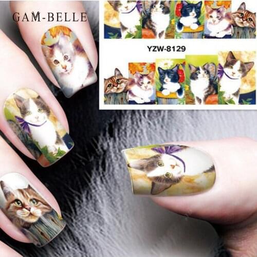 GAM-BELLE 1 Sheet Cute Cat Nail Sticker Pet Pattern Water Transfer Nail Wraps Full Cover Nail Decals Decoration Manicure Tool