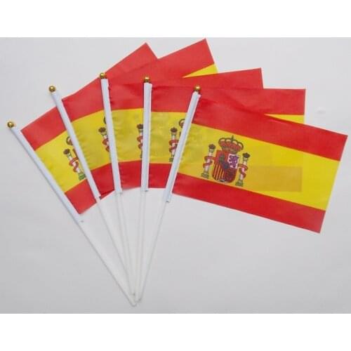 Spain National Flag with Plastic Flagpole hand waving flags Espana Polyester Flags 14 * 21 CM 10pcs