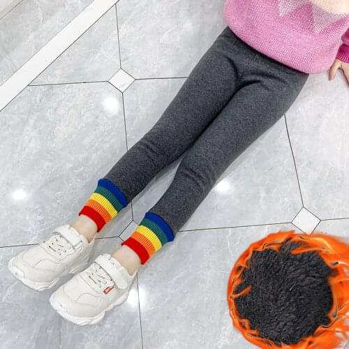 Girls Leggings for Kids Autumn Winter Warm Stretch Children Leggings Rainbow Girl Skinny Pants Plush Lining Girls Slim Leggings