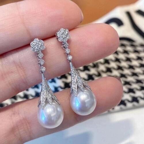 M1122 Pearl Earrings Solid 925 Sterling Silver Oval 9-12mm Nature Fresh Water White Pearls Drop Dangle Earrings for Women Gifts