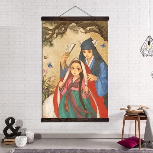 Wall Art Canvas Print and Poster Canvas Painting Modern Pictures Home Decoration Retro Korea Hanbok Boy and Girl Figure Painting