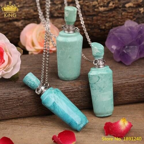 Natural Blue Turquoises Stone Perfume Bottle Pendant Jewelry Fashion Women Howlite Gold Essential Oil Diffuser Vial Jewelry Gift