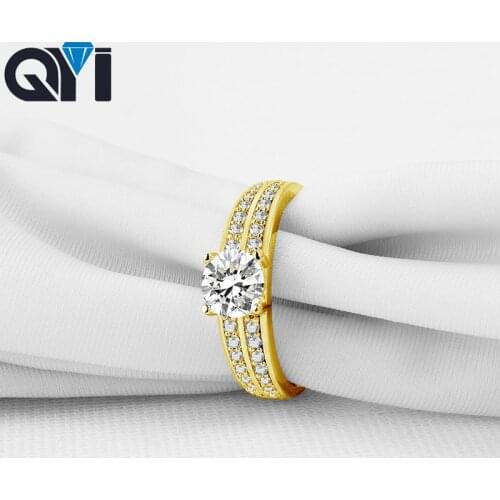 QYI 14K Solid Yellow Gold Two Row Rings Round Cut Sona Simulated Diamond Wedding Engagement Halo Rings For Women